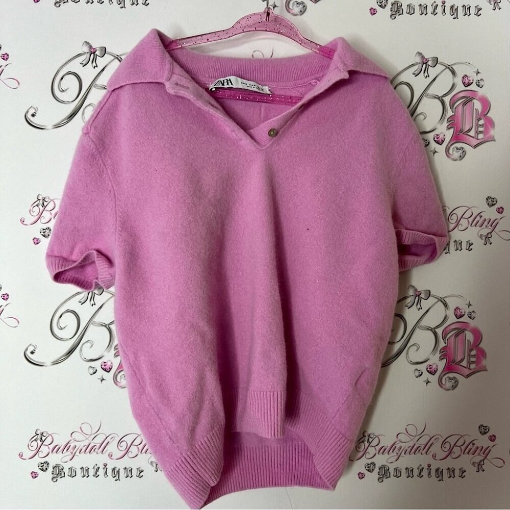 Zara Pink V-Neck Sweater Soft Knit Retro Style button down furry fuzzy